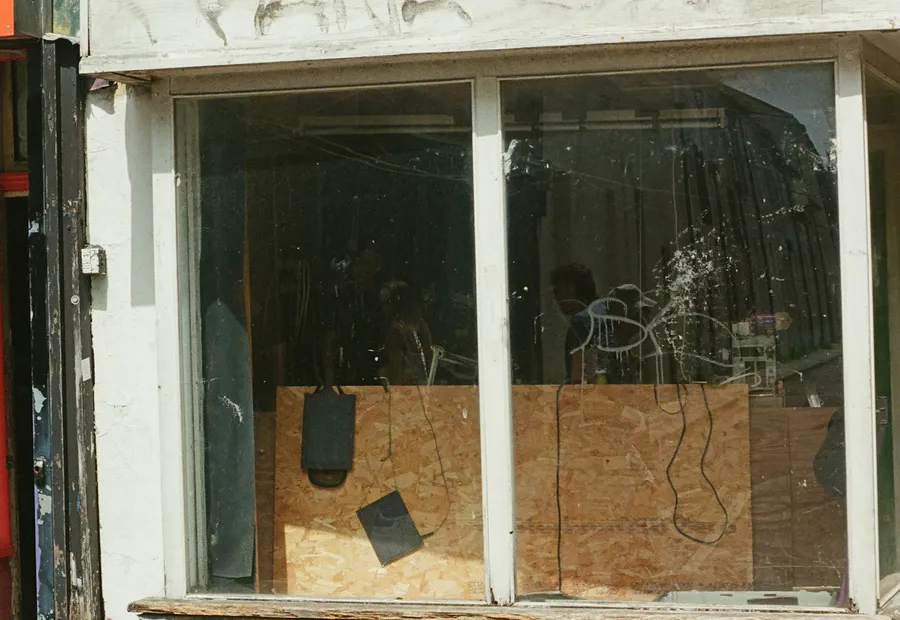 Storefront windows covered with plywood after board-up
